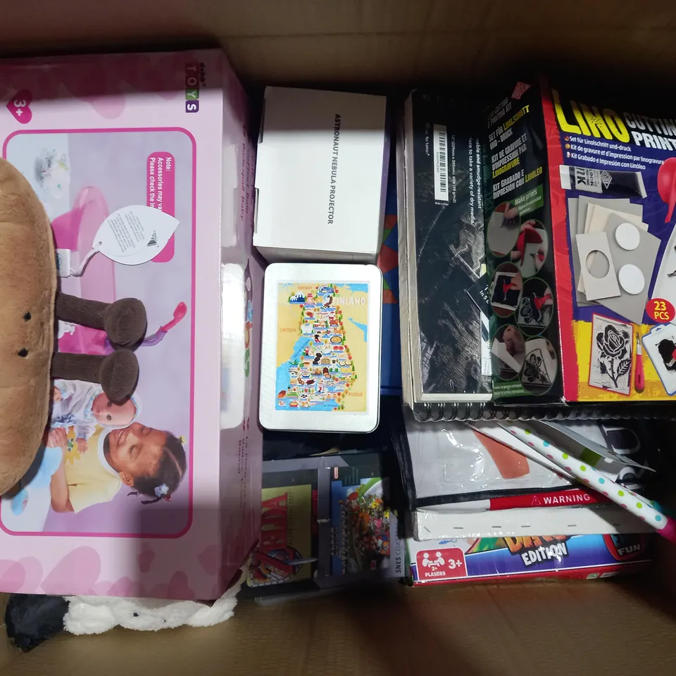 BOX OF APPROXIMATELY 20 ASSORTED TOYS AND GAMES TO INCLUDE THINGS THEY DON'T TEACH YOU IN SCHOOL TRIVIA GAME, BEER PONG SET, WASHING MACHINE, ETC