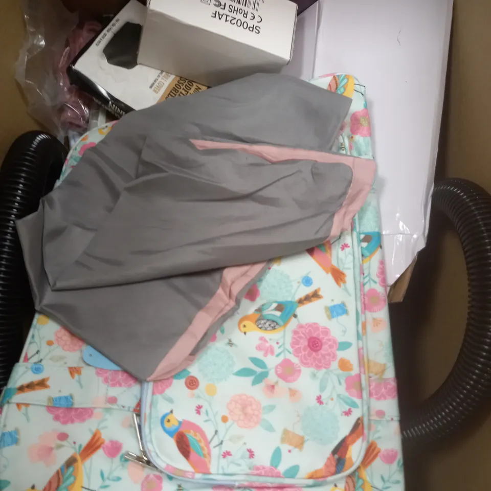 BOX OF APPROXIMATELY 15 HOUSEHOLD ITEMS TO CONTAIN BOND IT FLASHING TAPE, BLACK IPAD CASE, THERMAL FLASK ETC 
