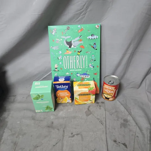 APPROXIMATELY 10 ASSORTED ITEMS OF FOOD AND DRINKING INCLUDING OTHERLY ADVENT CALENDAR, HEINZ CHICKEN SOUP, TWININGS MANGO AND STRAWBERRY TEA, AND TETLEY LEMON AND GINGER