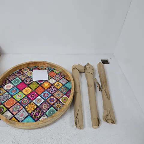 ROUND MOSAIC-TOP TABLE TOP WITH WOODEN RIM AND THREE LEGS – DISASSEMBLED