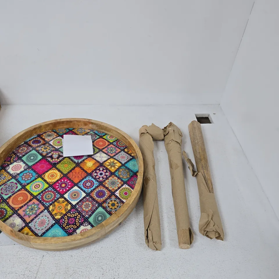 ROUND MOSAIC-TOP TABLE TOP WITH WOODEN RIM AND THREE LEGS – DISASSEMBLED