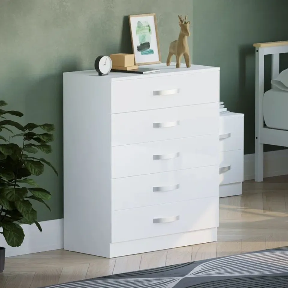 BOXED ARKADIJ 5 - DRAWER HIGH GLOSS CHEST OF DRAWERS, ANTI BOWING BEDROOM STORAGE CABINET - WHITE (1 BOX)