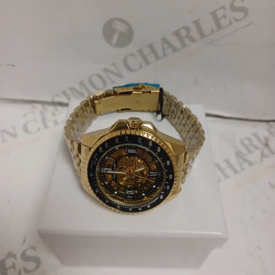 BOXED ANTHONY JAMES TACHYMETER AUTOMATIC SPORTS WATCH - STAINLESS STEEL - WATER RESISTANT. 