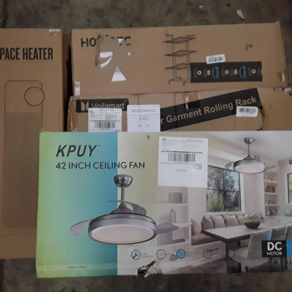 PALLET OF ASSORTED PRODUCTS INCLUDING SPACE HEATER, HOMIDEC DRYING RACK, 42" CEILING FAN, ARMCHAIR, 3 TIER GARMENT ROLLING RACK