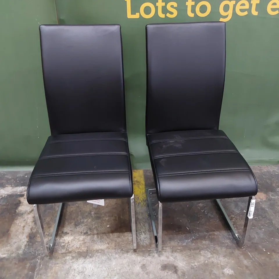 PAIR UPHOLSTERED DINING CHAIRS BLACK PU ON CHROME FRAMES 