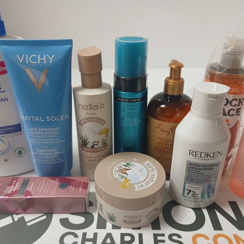 APPROX 12 ASSORTED BEAUTY PRODUCTS TO INCLUDENO7 SERUM, NALAS BABY BODY BUTTER, REDKEN SHAMPOO, ETC