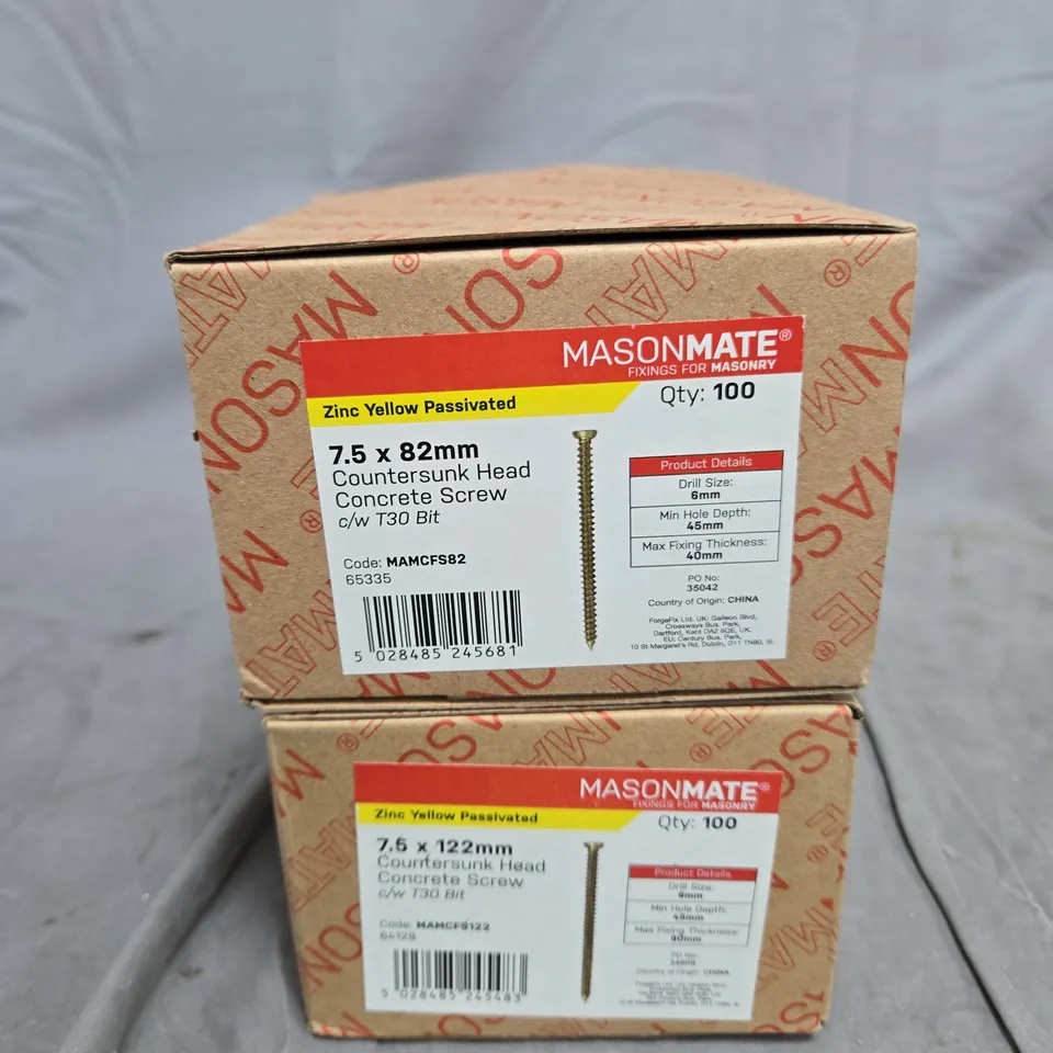 MASONMATE ZINC YELLOW PASSIVATED COUNTERSUNK HEAD CONCRETE SCREWS WITH T30 BIT – 7.5X82MM & 7.6X122MM (QTY 100 EACH) – 2 BOXES