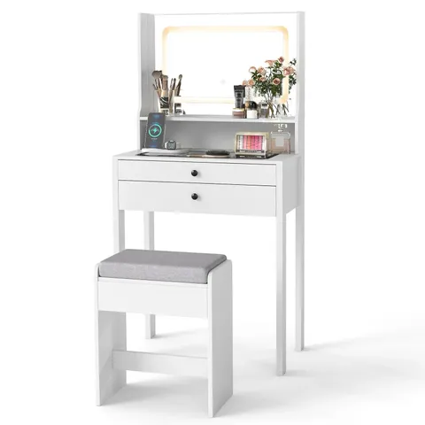 BOXED VANITY DESK WITH POWER OUTLETS AND 3 COLOR LIGHTING MODES FOR BEDROOM-WHITE