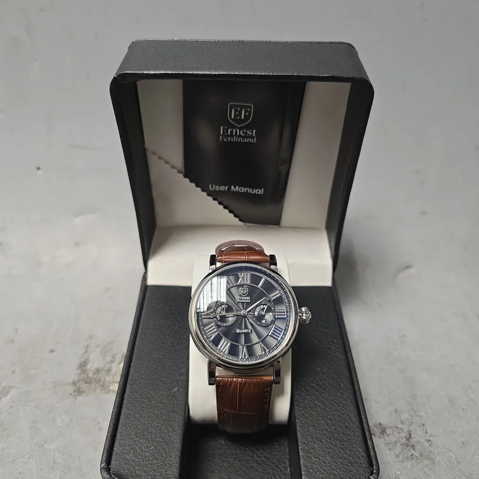 ERNEST FERDINAND WATCH – FUNCTIONING SUB DIALS – LEATHER STRAP –  GIFT BOX