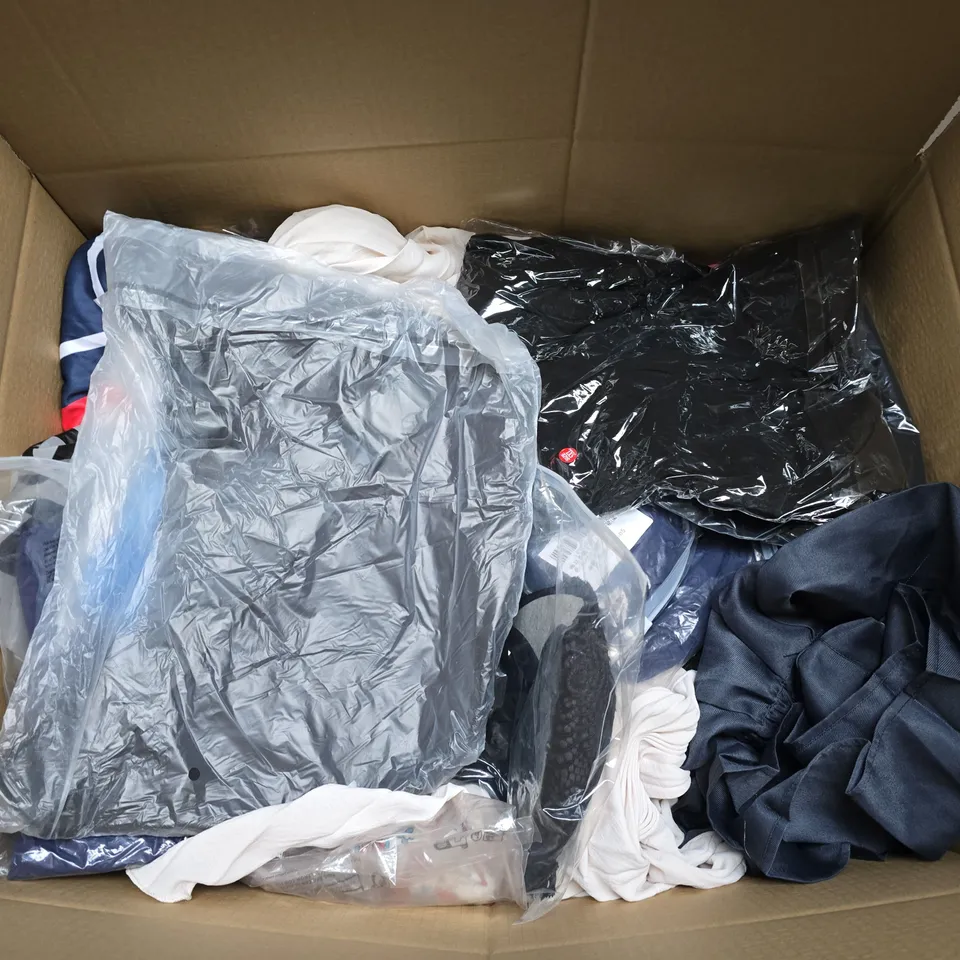 LARGE BOX OF APPROXIMATELY 20 ASSORTED CLOTHING ITEMS IN VARIOUS SIZES, STYLES AND COLOUR 