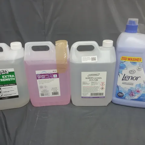 TOTE OF 4 ASSORTED HOUSEHOLD GOODS TO INCLUDE EXTRA STRENGTH UPVC CLEANER, FOG FLUID, ICOPROPYL ALCOHOL, AND LENOR SPECIAL AWAKENING 