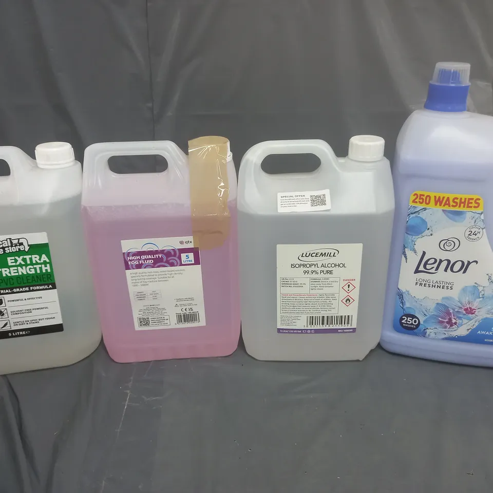 TOTE OF 4 ASSORTED HOUSEHOLD GOODS TO INCLUDE EXTRA STRENGTH UPVC CLEANER, FOG FLUID, ICOPROPYL ALCOHOL, AND LENOR SPECIAL AWAKENING 