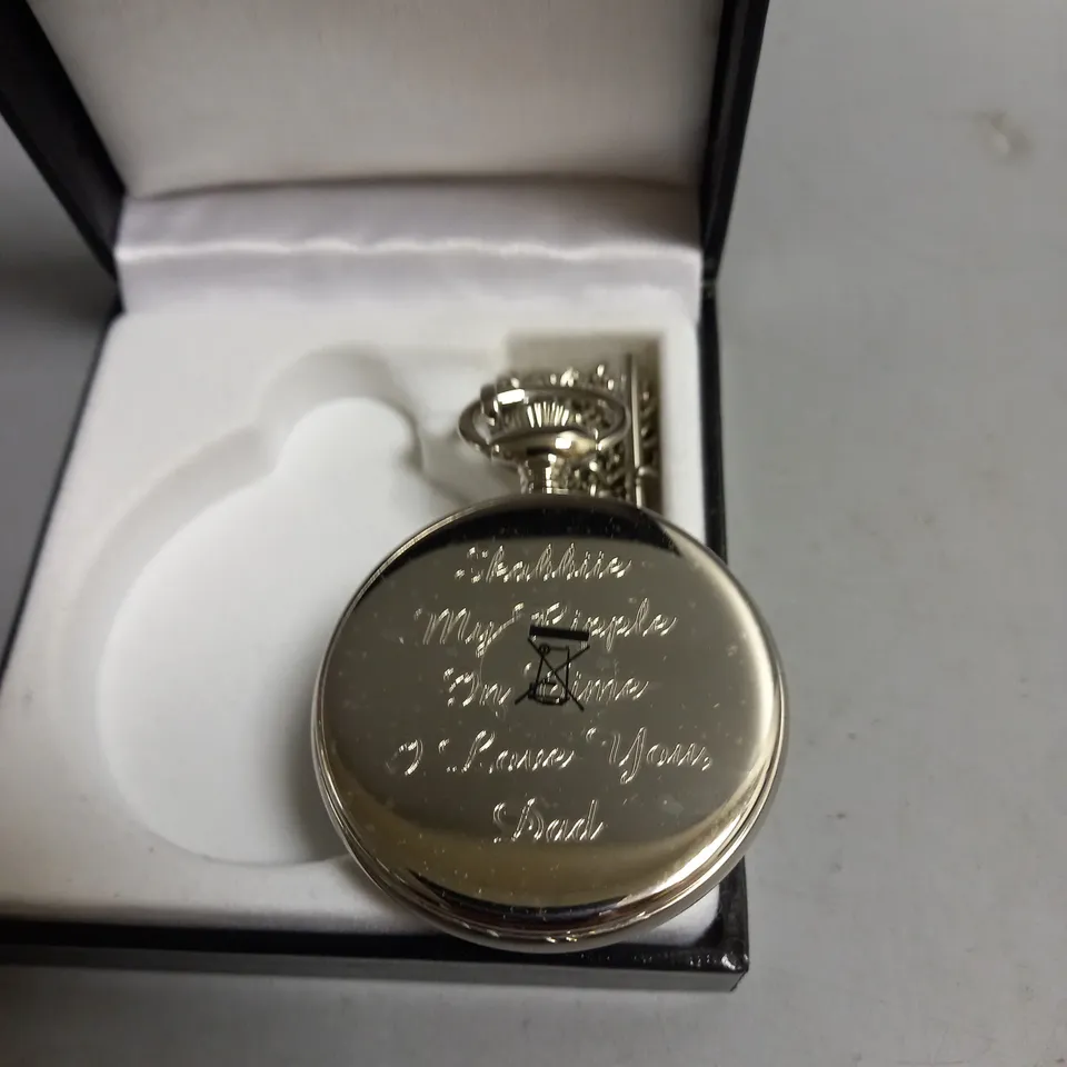 BOXED MOUNT ROYAL CHROME PLATED ENGRAVED MECHANICAL POCKET WATCH