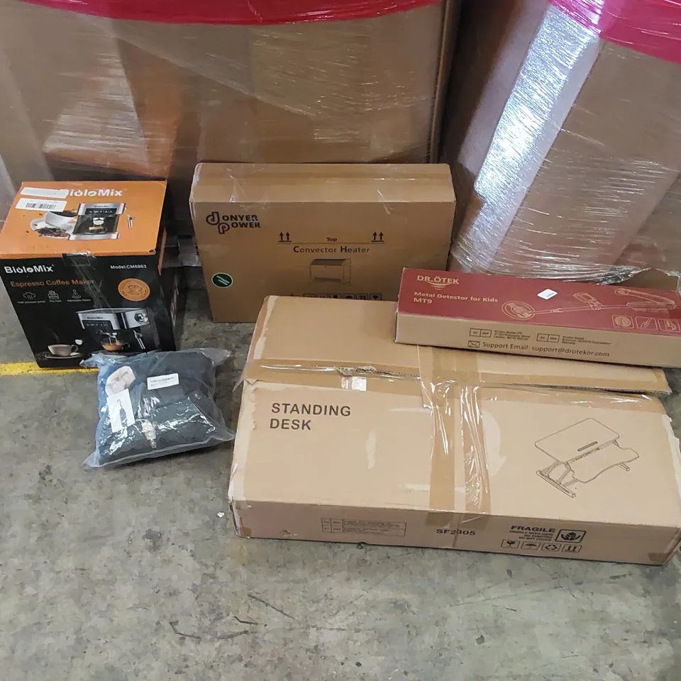 PALLET OF ASSORTED ITEMS INCLUDING: ESPRESSO COFFEE MAKER, STANDING DESK, CONVECTOR HEATER, KIDS METAL DETECTOR, WOMEN'S JACKET