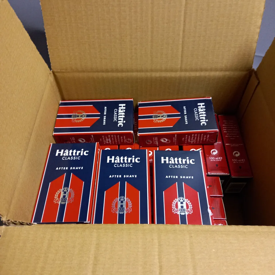 BOXED LOT OF APPROX. 20 BOTTLE OF HATTRIC CLASSIC AFTERSHAVE 100ML