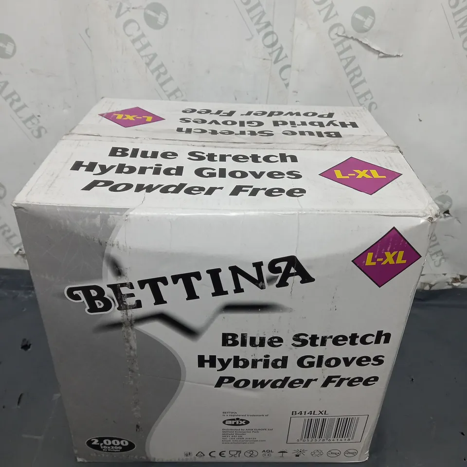 BOXED BETTINA BLUE STRETCH HYBRID POWDER FREE GLOVES (L-XL) - QTY: 2000