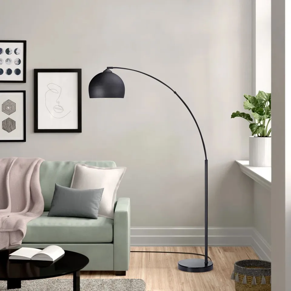 BOXED BONITA ARQUER 66.93" ARC FLOOR LAMP, FAUX BLACK MARBLE BASE AND BLACK BELL SHADE