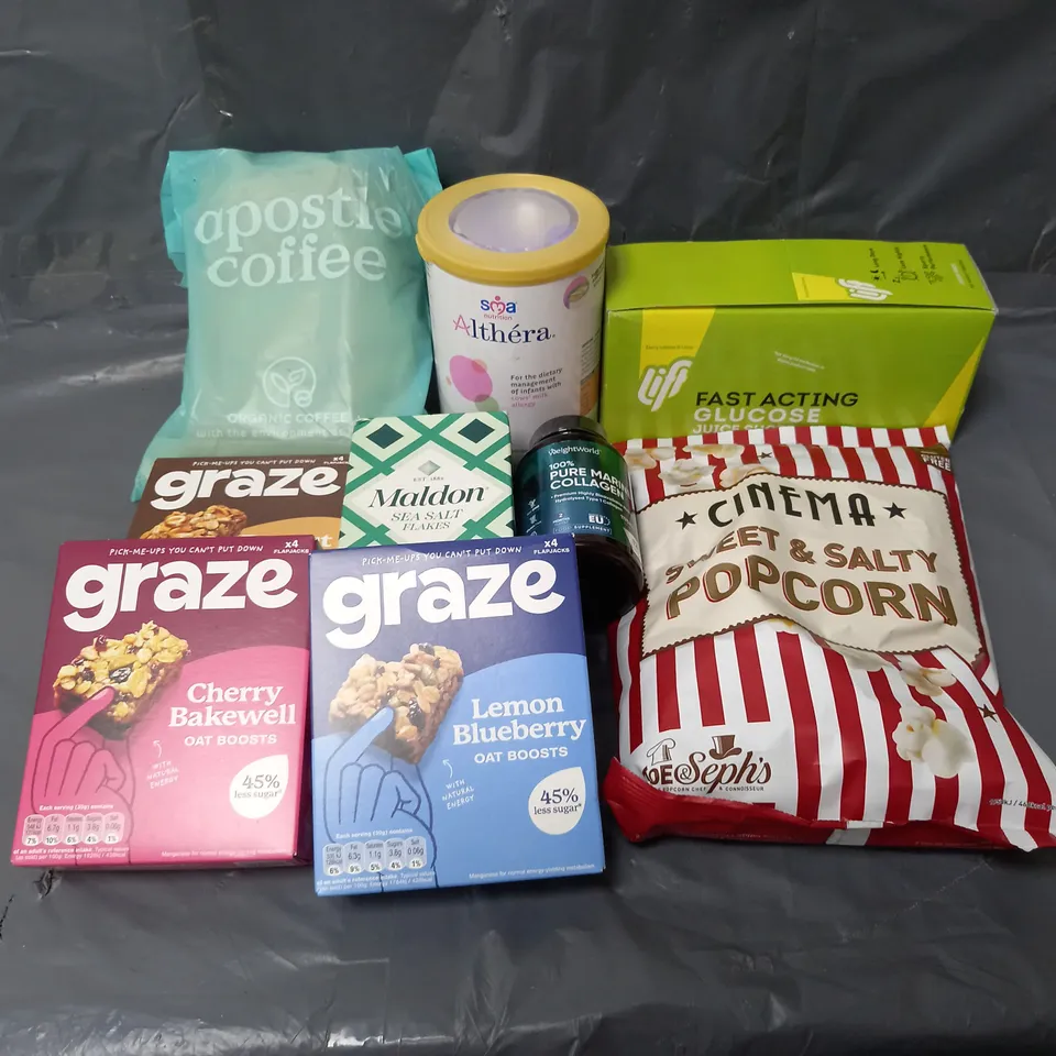 APPROXIMATELY 10 ASSORTED FOOD & DRINK ITEMS TO INCLUDE - SMA ALTHERA POWDER - WEIGHTWORLD MARINE COLLAGEN TABLETS - LIFT GLUCOSE JUICE SHOTS - ETC