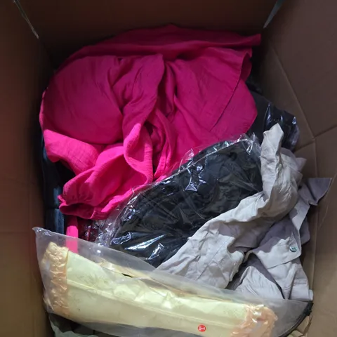 LARGE BOX OF ASSORTED CLOTHING ITEMS IN VARIOUS SIZES, STYLES AND COLOUR 