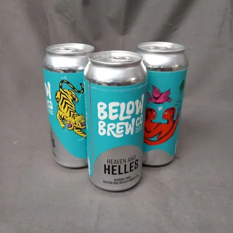 SIX CANS OF BELOW BREW CO HEAVEN AND HELLES ALCOHOL FREE GLUTEN FREE HELLES LAGER 0.5% 440ML