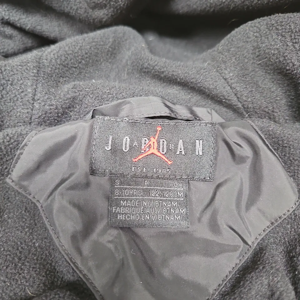 JORDAN KIDS PUFFER JACKET – BLACK, HOODED WITH PINK JORDAN STRIPES, SIZE 8-10YRS