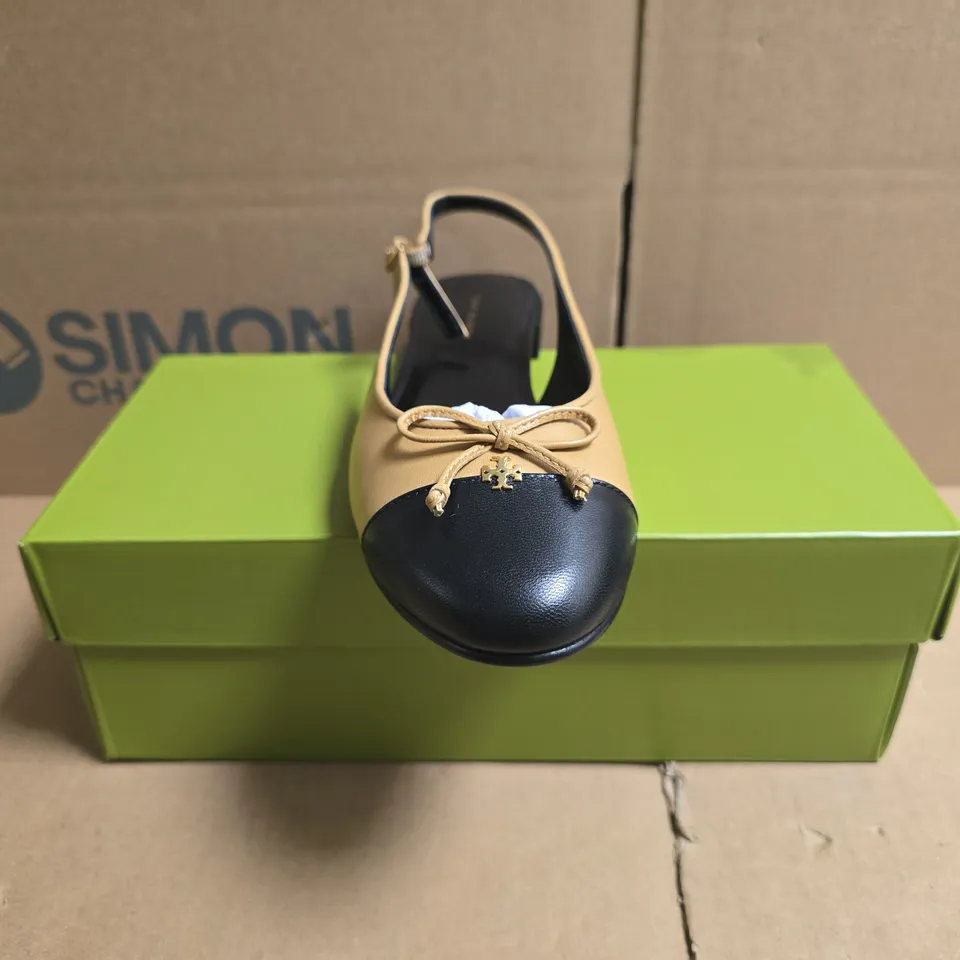 BOXED PAIR OF TORY BURCH CAP-TOE SLINGBACK BALLET SHOES IN GINGER SHORTBREAD SIZE US 6.5