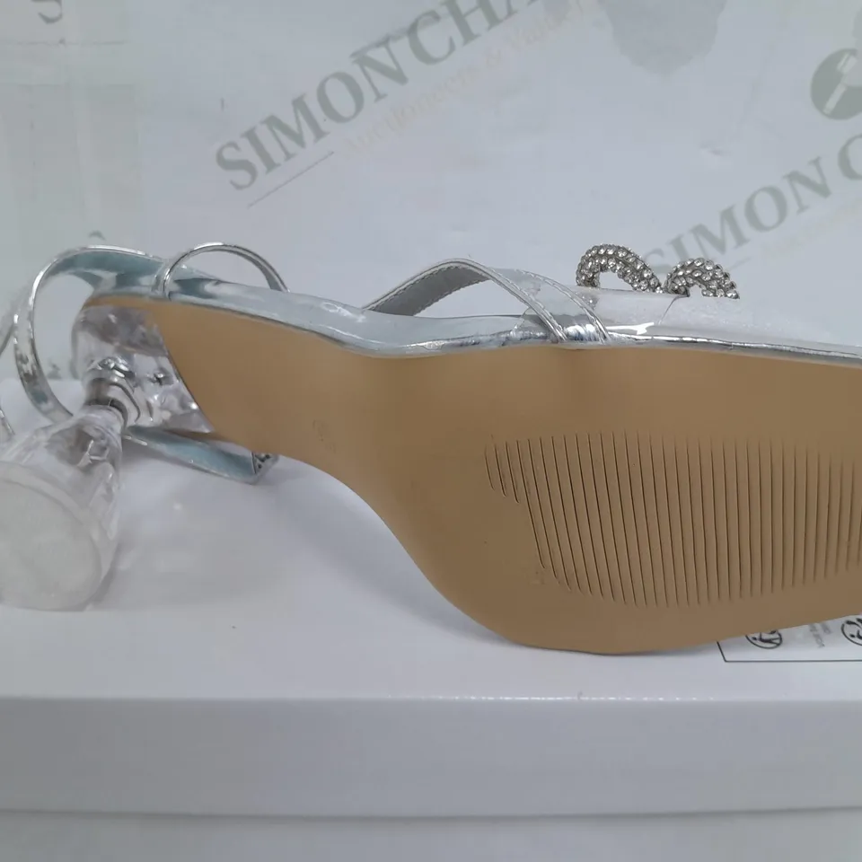 BOXED PAIR OF ASTUCCIO OPEN TOE HEELS IN SILVER - SIZE 43