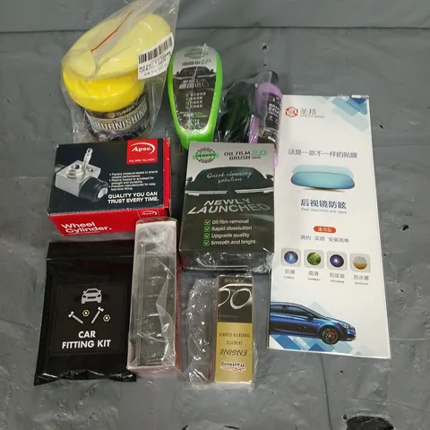 APPROXIMATELY 10 ASSORTED CAR ACCESSORIES TO INCLUDE OIL FILM BRUSH - WHEEL CYLINDER - REAR VIEW MIRROR ANTI-GLARE - ETC