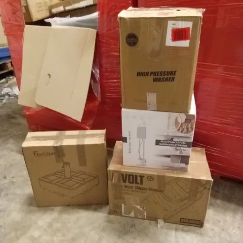PALLET OF ASSORTED HOUSEHOLD GOODS AND PRODUCTS TO INCLUDE; PARASOL BASE, PRESSURE WASHER, BOXED FURNITURE ETC
