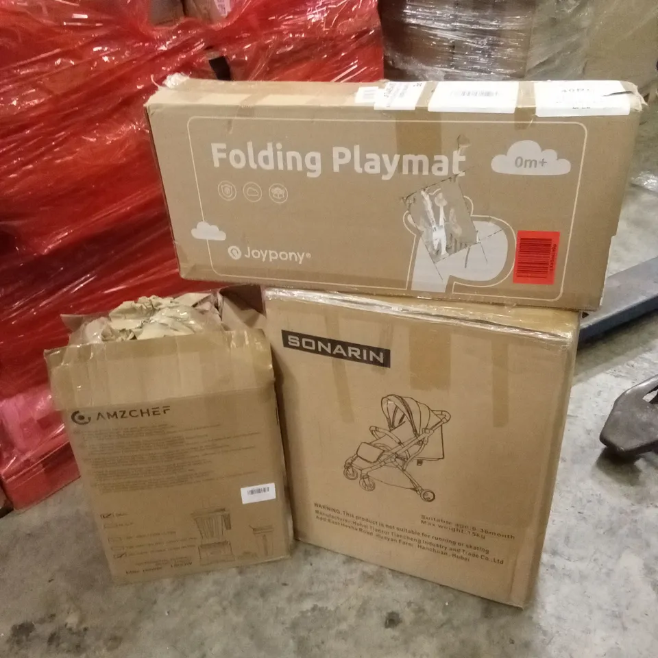 PALLET OF ASSORTED HOUSEHOLD GOODS AND PRODUCTS TO INCLUDE; PRAM, BLENDER, FOLDING PLAY MAT ETC