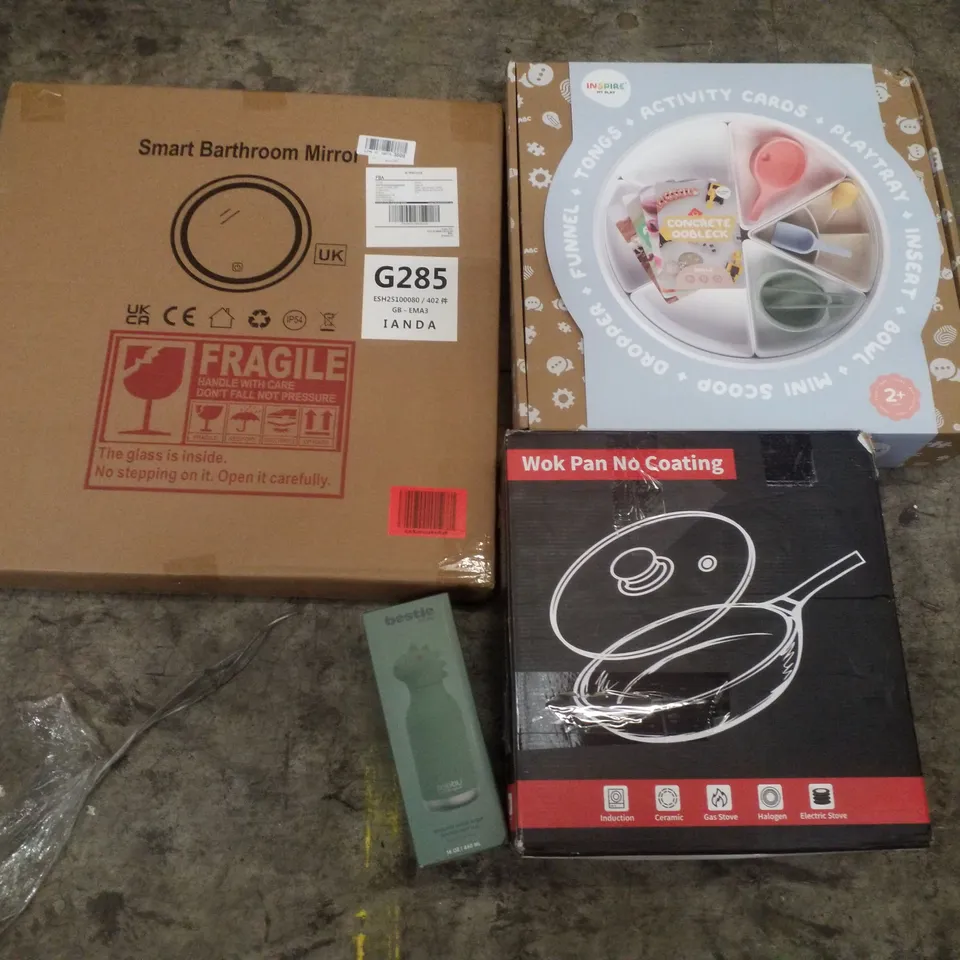 PALLET CONTAINING ASSORTED PRODUCTS INCLUDING SMART BATHROOM MIRROR, KIDS ACTIVITY SET, WOK PAN, WATER BOTTLE & 7FT FLOCKED CHRISTMAS TREE