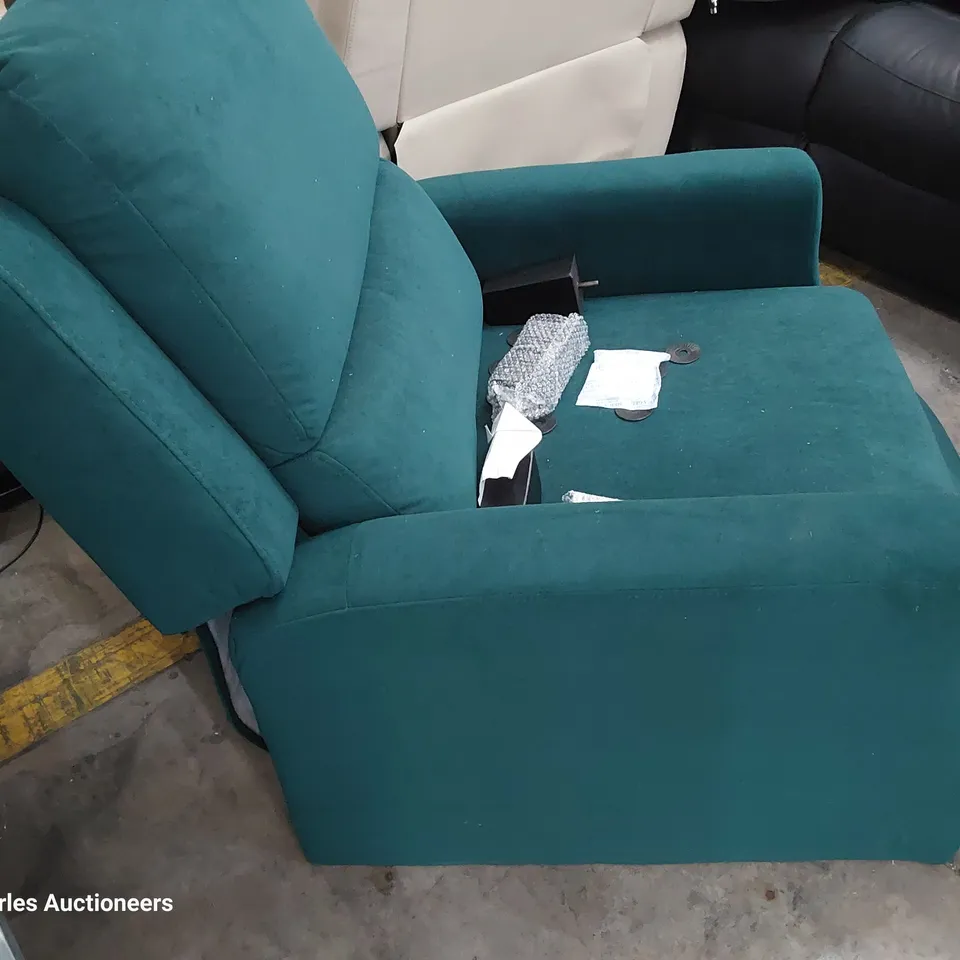 DESIGNER PUSH BACK RECLINING EASY CHAIR PLUSH GREEN FABRIC 