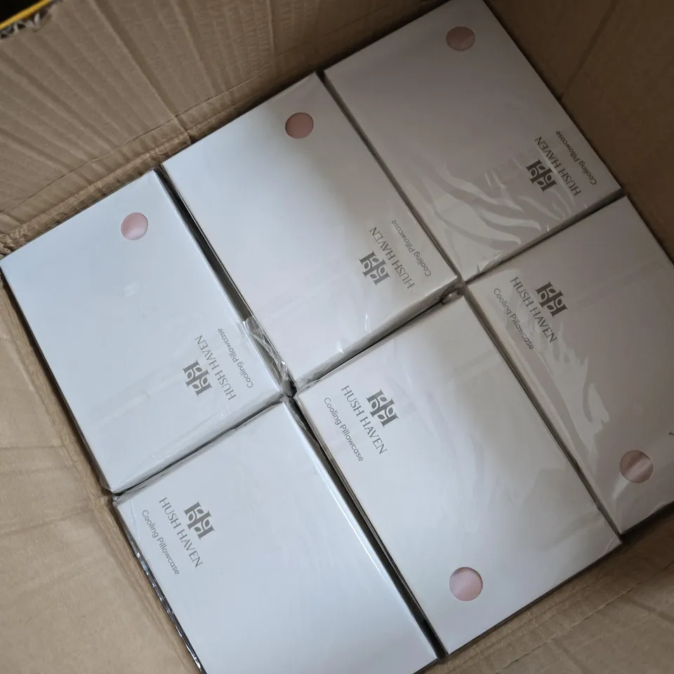 APPROXIMATELY 60 BOXED HUSH HAVEN COOLING PILLOWCASES IN PINK COLOUR