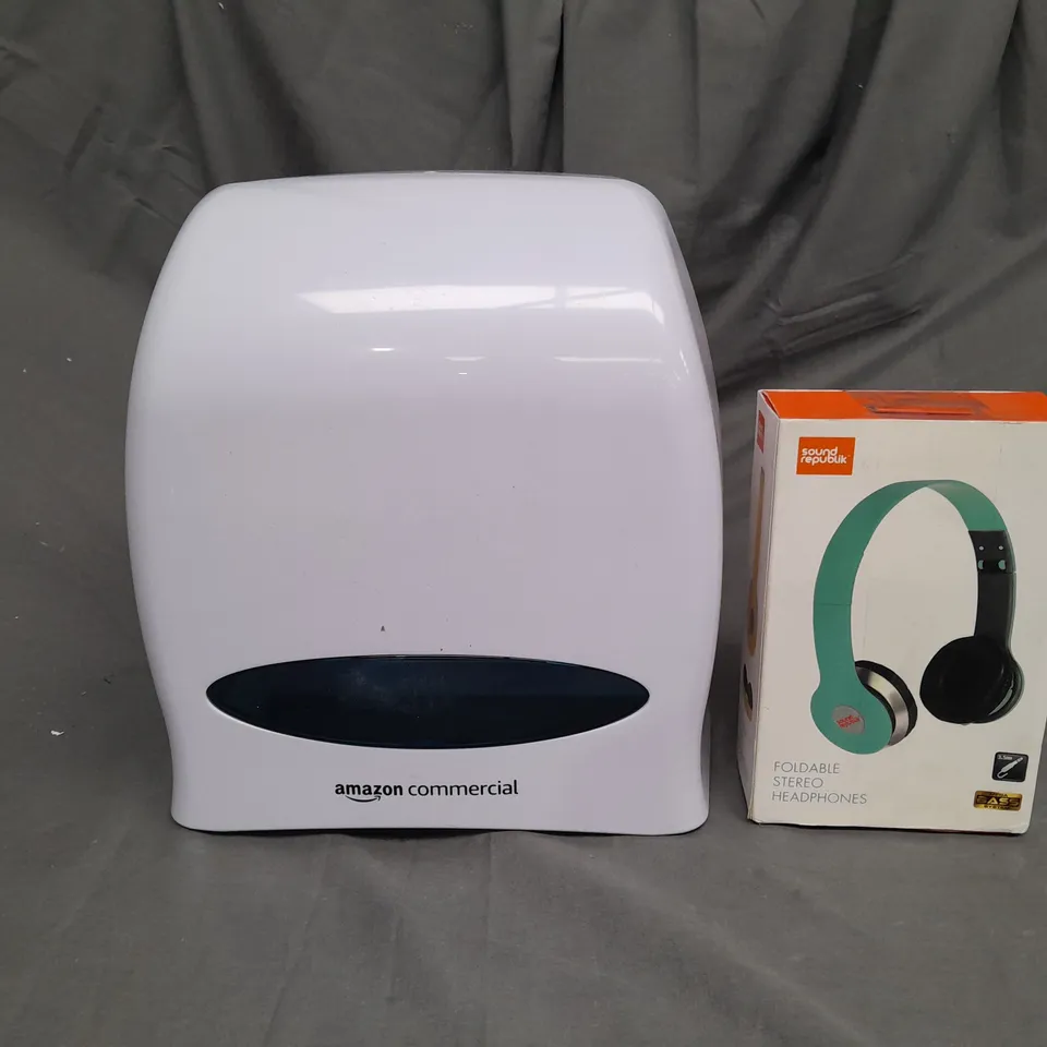 4 ASSORTED HOUSEHOLD ITEMS TO INCLUDE SOUND REPUBLIK HEADPHONES, AMAZON COMMERCIAL TOILET PAPER HOLDER, ETC. - COLLECTION ONLY