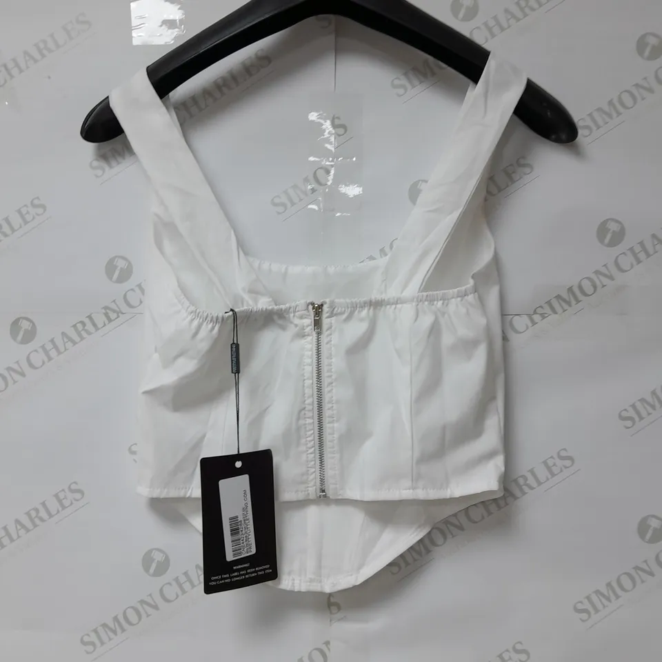 PRETTYLITTLETHING SHELL WOVEN DIP HEM CORSET TOP IN WHITE SIZE 6
