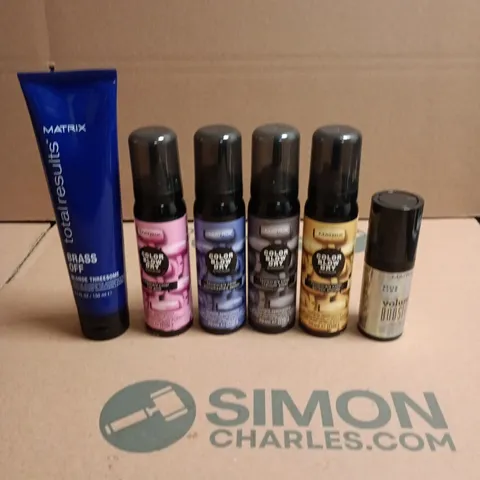 BOX OF APPROXIMATELY 30 MATRIX HAIRCARE PRODUCTS TO INCLUDE TEMPORARY COLOUR SPRAYS, BRASS OFF PROTECTING CREAMS AND VOLUME BOOSTERS