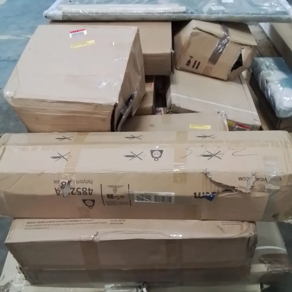 PALLET CONTAINING VARIOUS INCOMPLETE BOXED FURNITURE PARTS AND OTHER HOUSEHOLD ITEMS ETC.