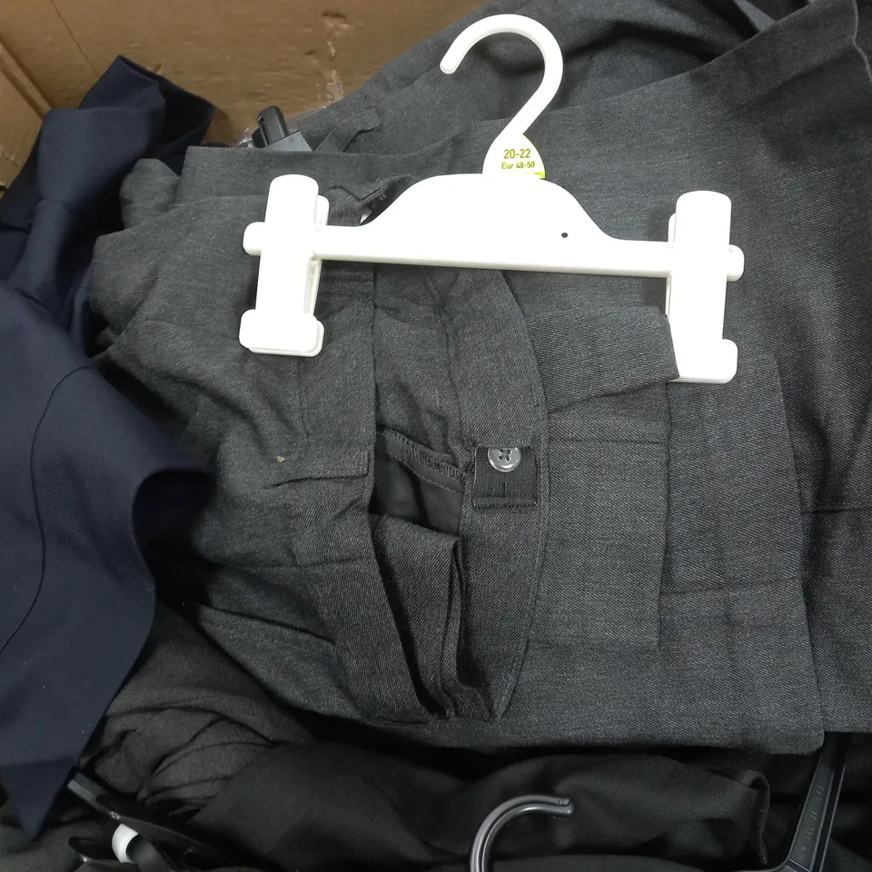 BOX OF APPROX 25 ASSORTED SCHOOL CLOTHING ITEMS IN VARIOUS SIZES TO INCLUDE - F&F GREY SHORTS 10-11 YEAR , F&F GREY TROUSERS 10/11 YEARS , F&F NAVY TROUSERS 3-4 YEARS ETC