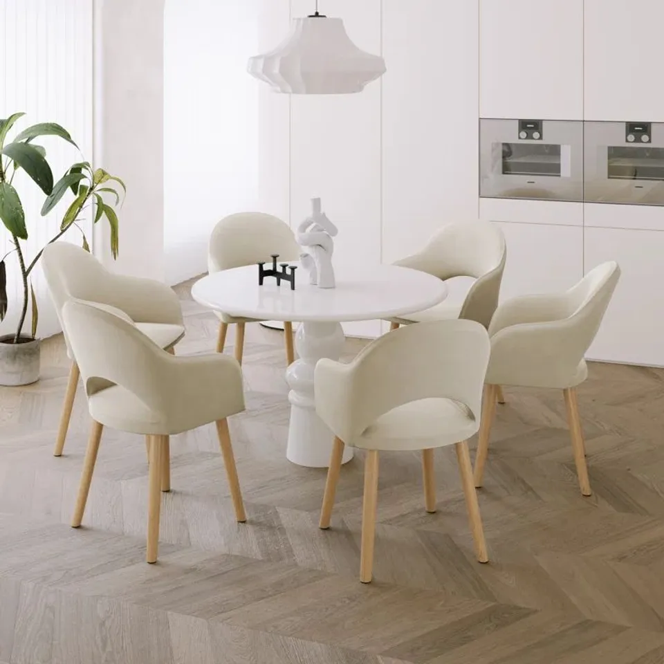 BOXED SET OF 6, EBERN DEIGNS 49.5cm H MODERN SOLID WOOD LEGS UPHOLSTERED DINING CHAIRS WITH ARMS - BEIGE (3 BOXES)