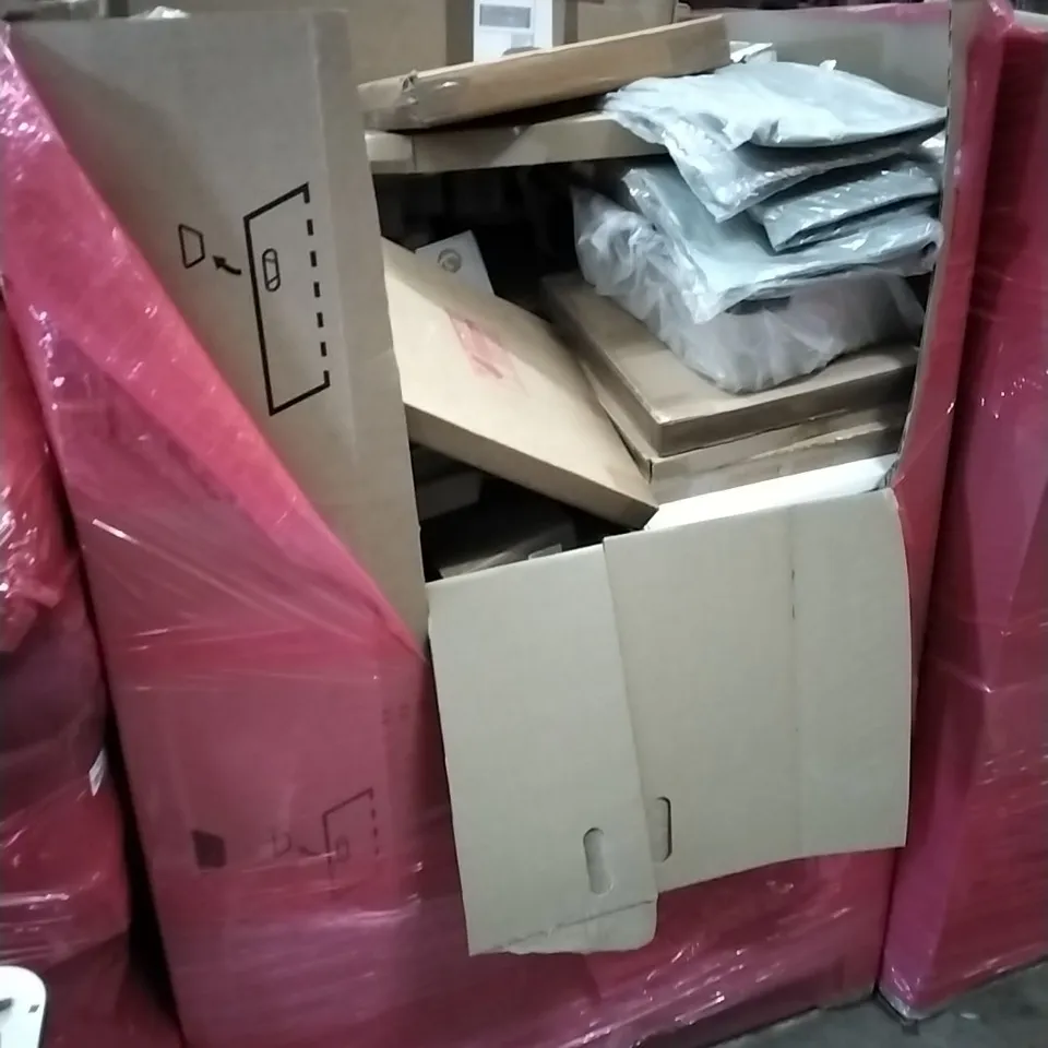 PALLET OF ASSORTED HOUSEHOLD GOODS AND PRODUCTS TO INCLUDE; COMPUTER MONITOR, FRYING PAN, CHILD'S SWING, BOXED FURNITURE ETC 