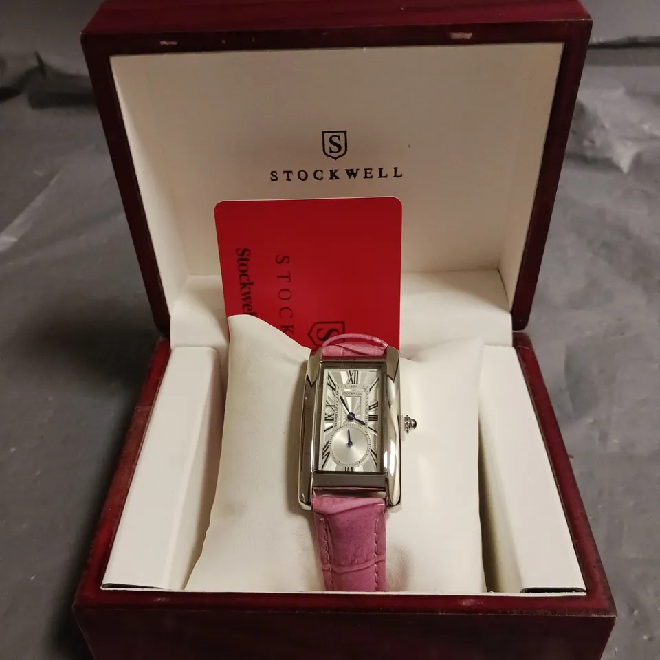 STOCKWELL RECTANGULAR LADIES WATCH WITH STAINLESS STEEL BACK AND PINK LEATHER STRAP IN BOX