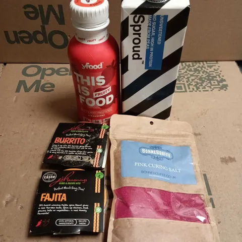 APPROXIMATELY 10 ASSORTED FOOD/DRINK PRODUCTS TO INCLUDE CURING SALT, FAJITA SEASON, SPROUD DRINK ETC 
