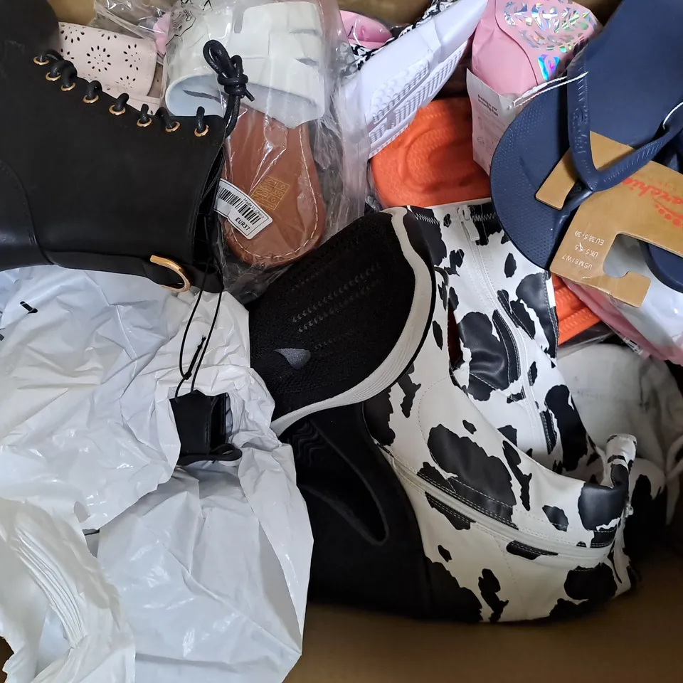BOX OF APPROXIMATELY 15 ASSORTED PAIRS OF SHOES AND FOOTWEAR ITEMS IN VARIOUS STYLES AND SIZES TO INCLUDE ARCHIES, LV XIAO JIE, PUBLIC DESIRE, ETC