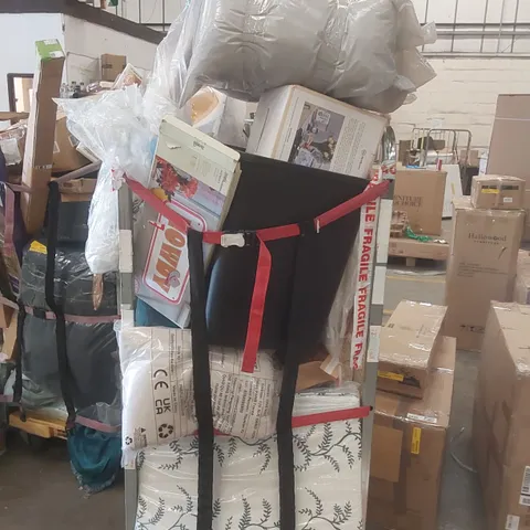 CAGE CONTAINING A VERY LARGE QUANTITY OF ASSORTED ITEMS INCLUDING: LAMP, VACUUM, CUSHION, CURTAINS, BASKET ECT // CAGE NOT INCLUDED