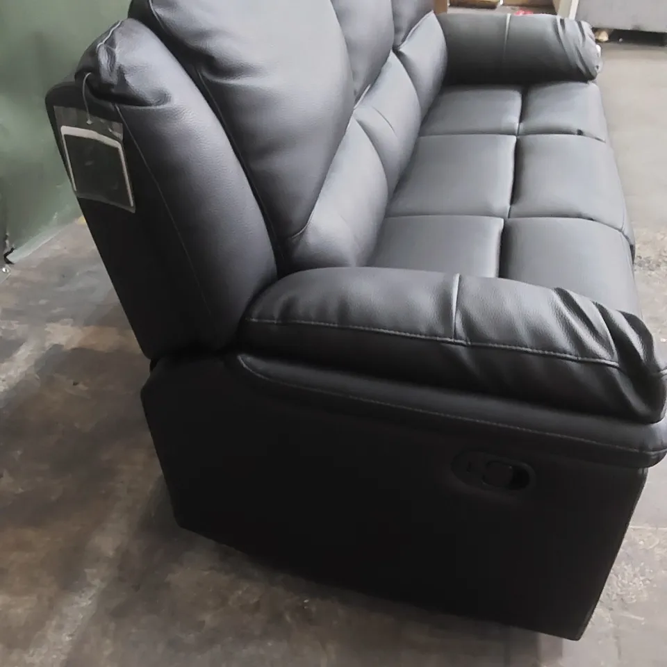 DESIGNER ALBION 3 SEATER MANUAL RECLINER LEATHER UPHOLSTERED SOFA - BLACK