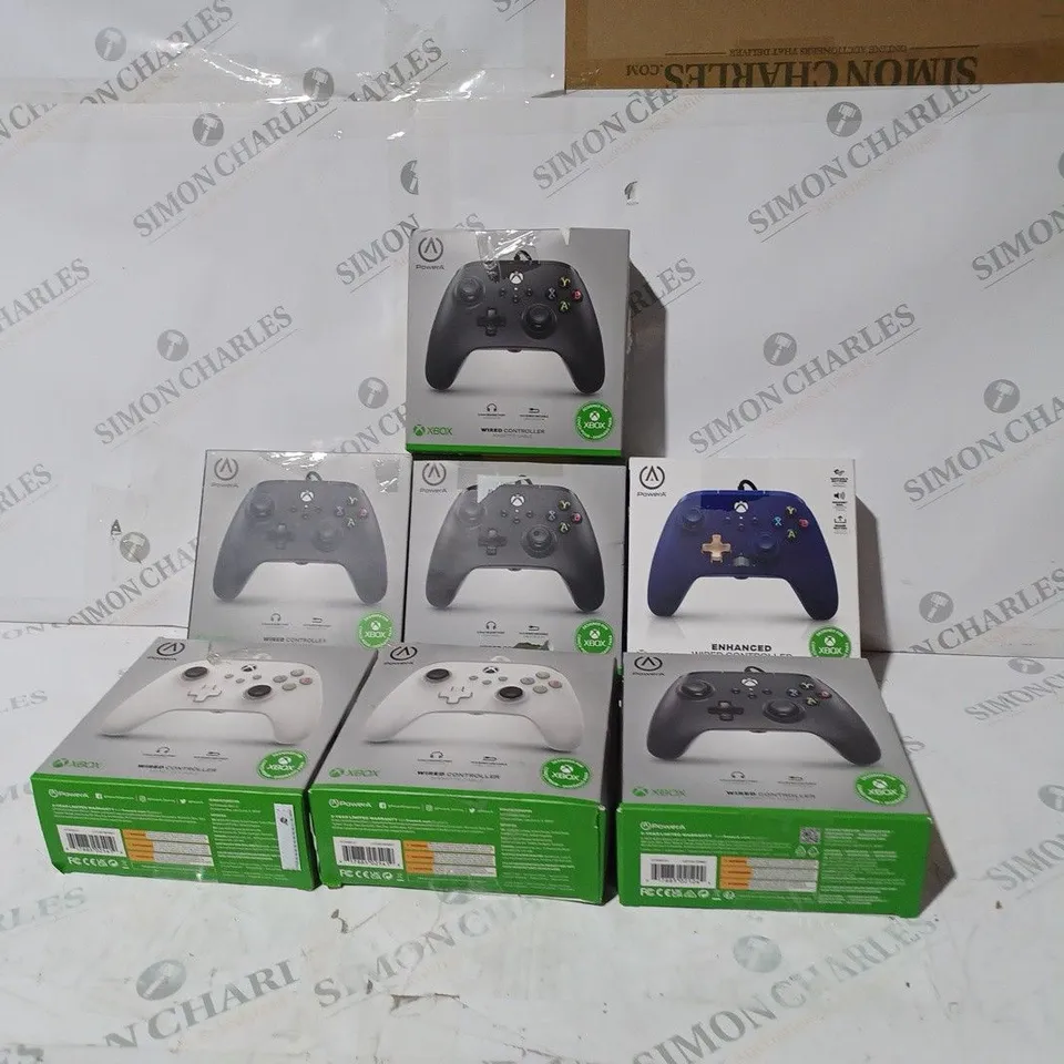 BOX OF 7 ASSORTED BOXED POWER A XBOX ONE WIRED CONTROLLERS IN VARIOUS COLOURS