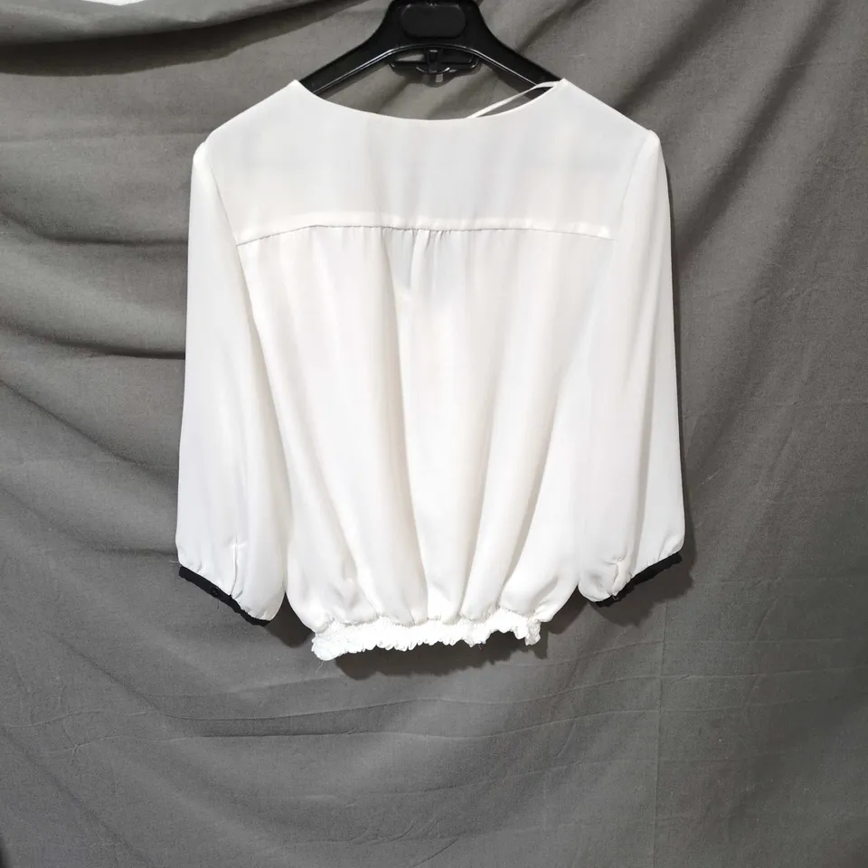 ROMAN WHITE BLOUSE, UK 16, RUFFLE FRONT WITH BLACK PIPING