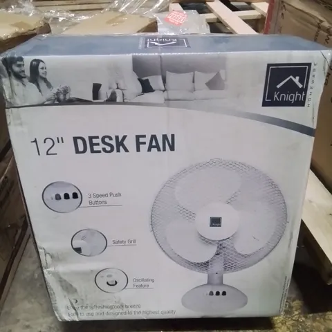 BOXED 12" DESK FAN IN WHITE.