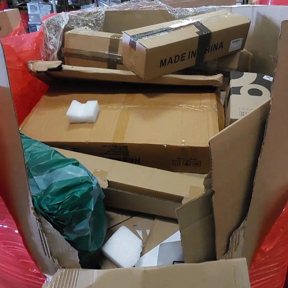PALLET TO CONTAIN ASSORTED HOUSEHOLD PRODUCTS. INCLUDES MIRROR, GLASSWARE, STORAGE STAND, BOXED FURNITURE ETC