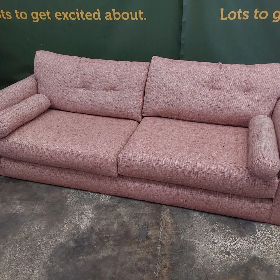 QUALITY BRITISH DESIGNER LOUNGE Co. PHOEBE FOUR SEATER SOFA WITH ROLL BOLSTER CUSHIONS ROSE PINK FABRIC 